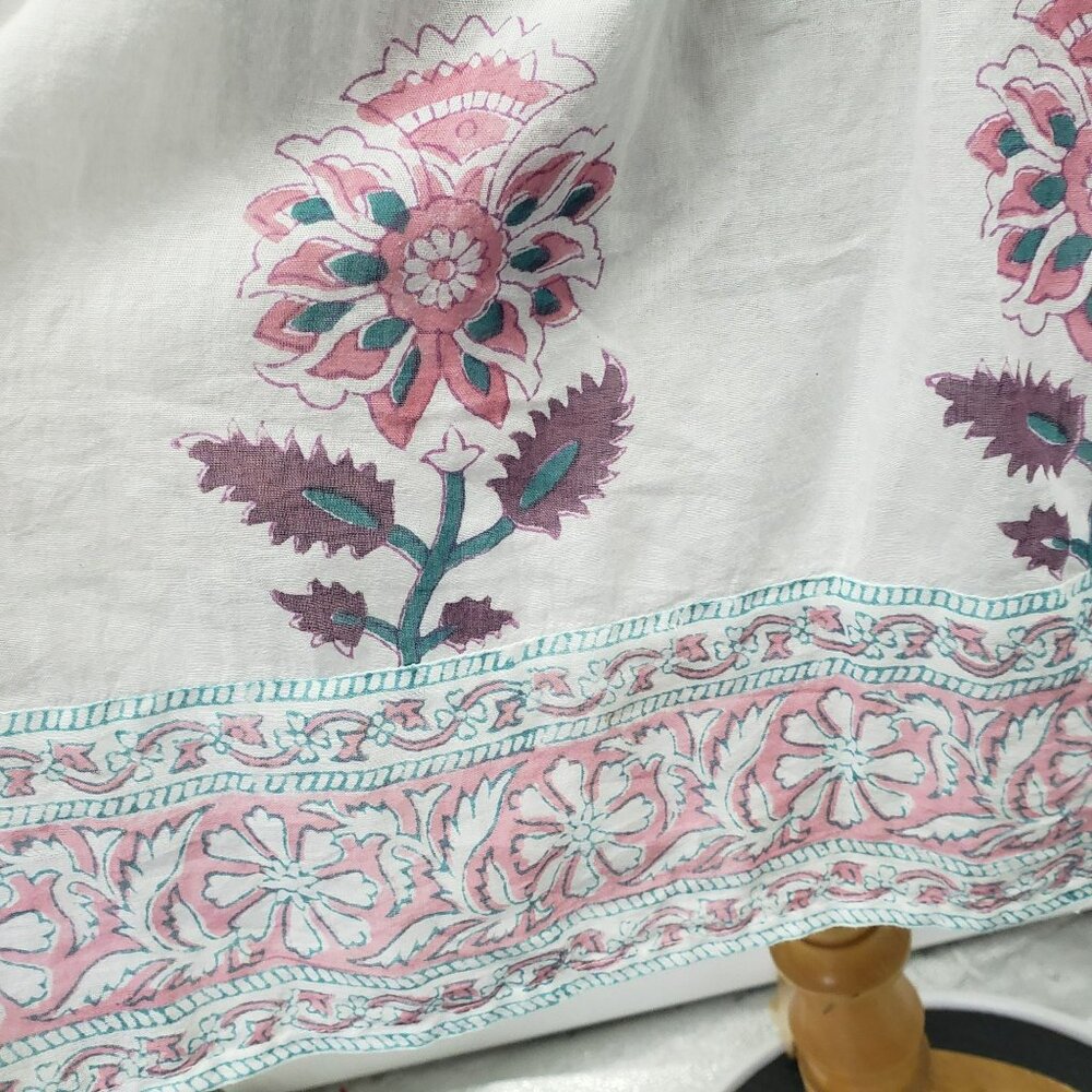 Oliphant Tie Front Balloon Sleeve Dress Pink Teal White Boho Block Print Floral - Picture 10 of 15